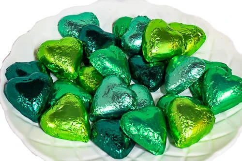 Hearts - Milk Chocolate Hearts In Mixed Green Foils 1kg